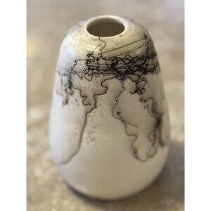 Raku Horse Hair Pottery Vase Round 6.5" Handmade Signed